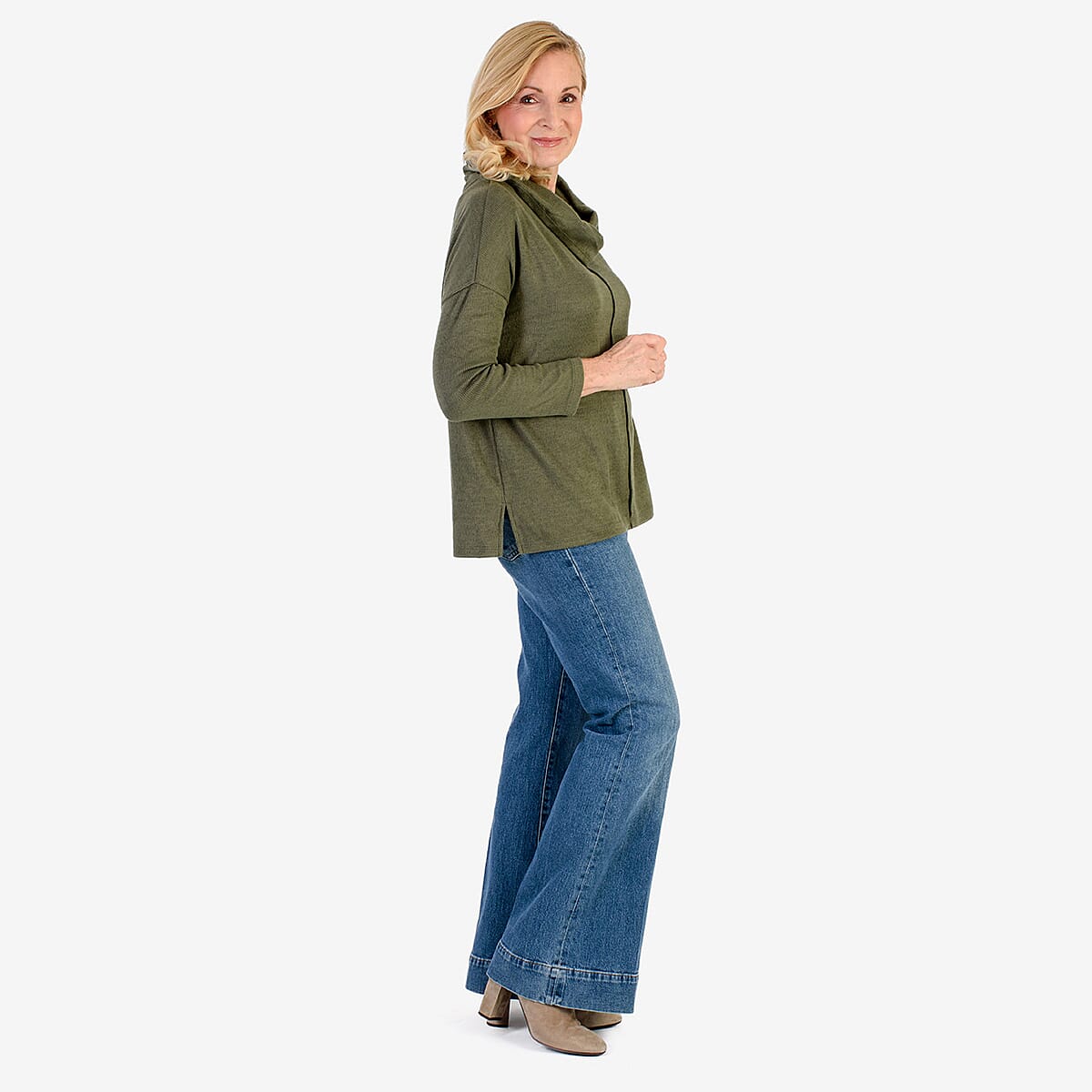 Pure & Natural Drop Shoulder Top With Cowl Neck (Size M) - Khaki