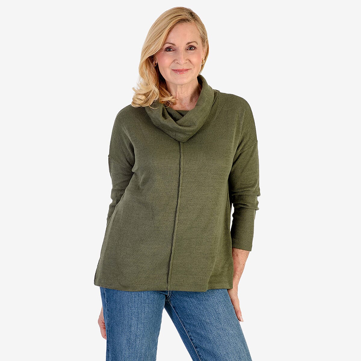 Pure & Natural Drop Shoulder Top With Cowl Neck (Size M) - Khaki