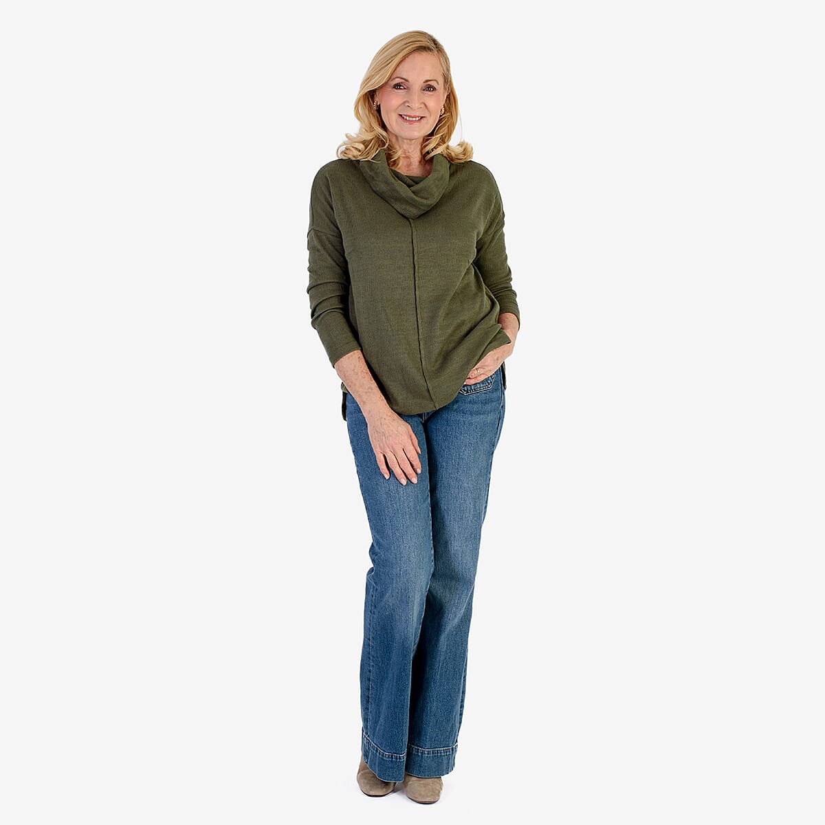 Pure & Natural Drop Shoulder Top With Cowl Neck (Size M) - Khaki