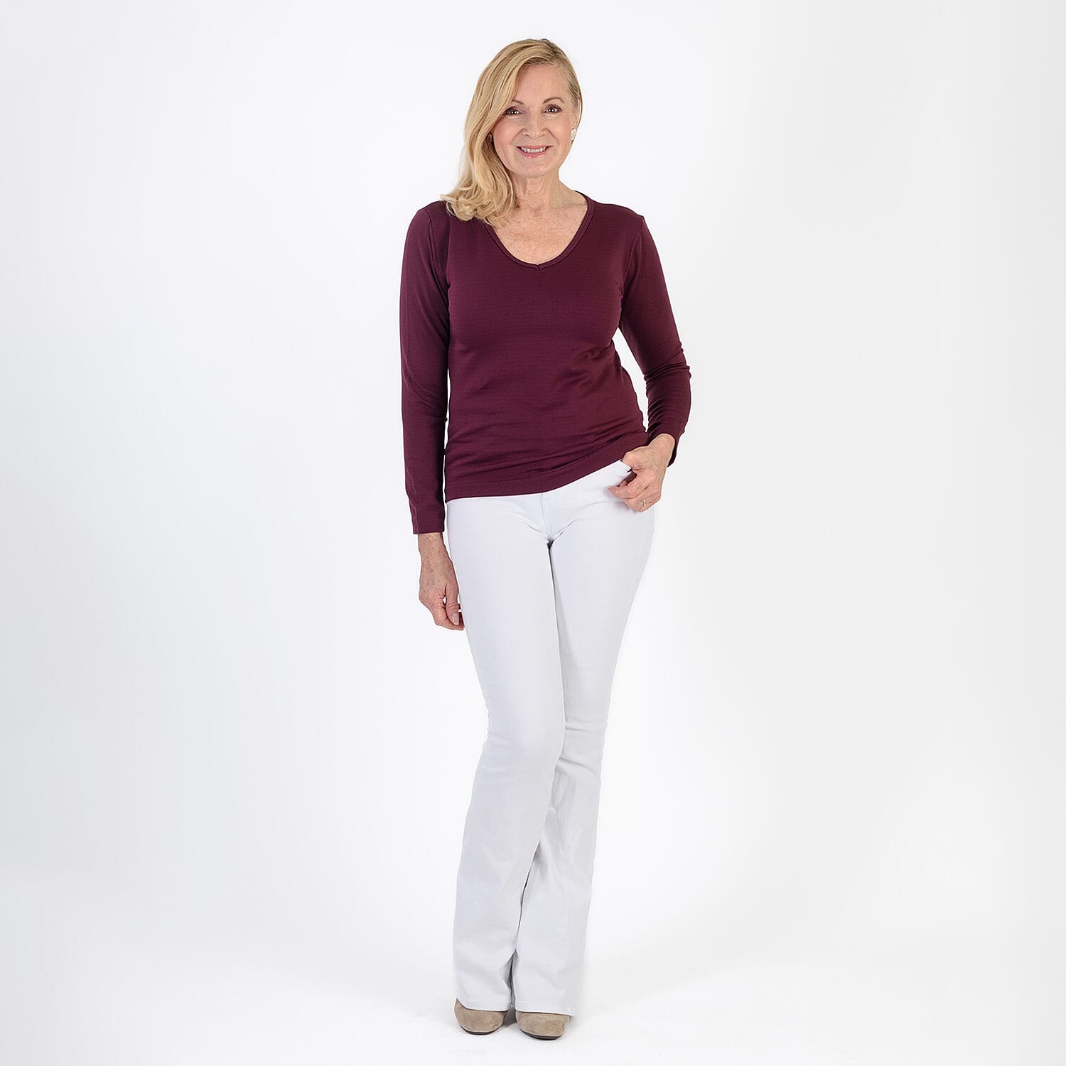 Pure & Natural V-Neck Fleece Lined Top (Size L) - Burgundy