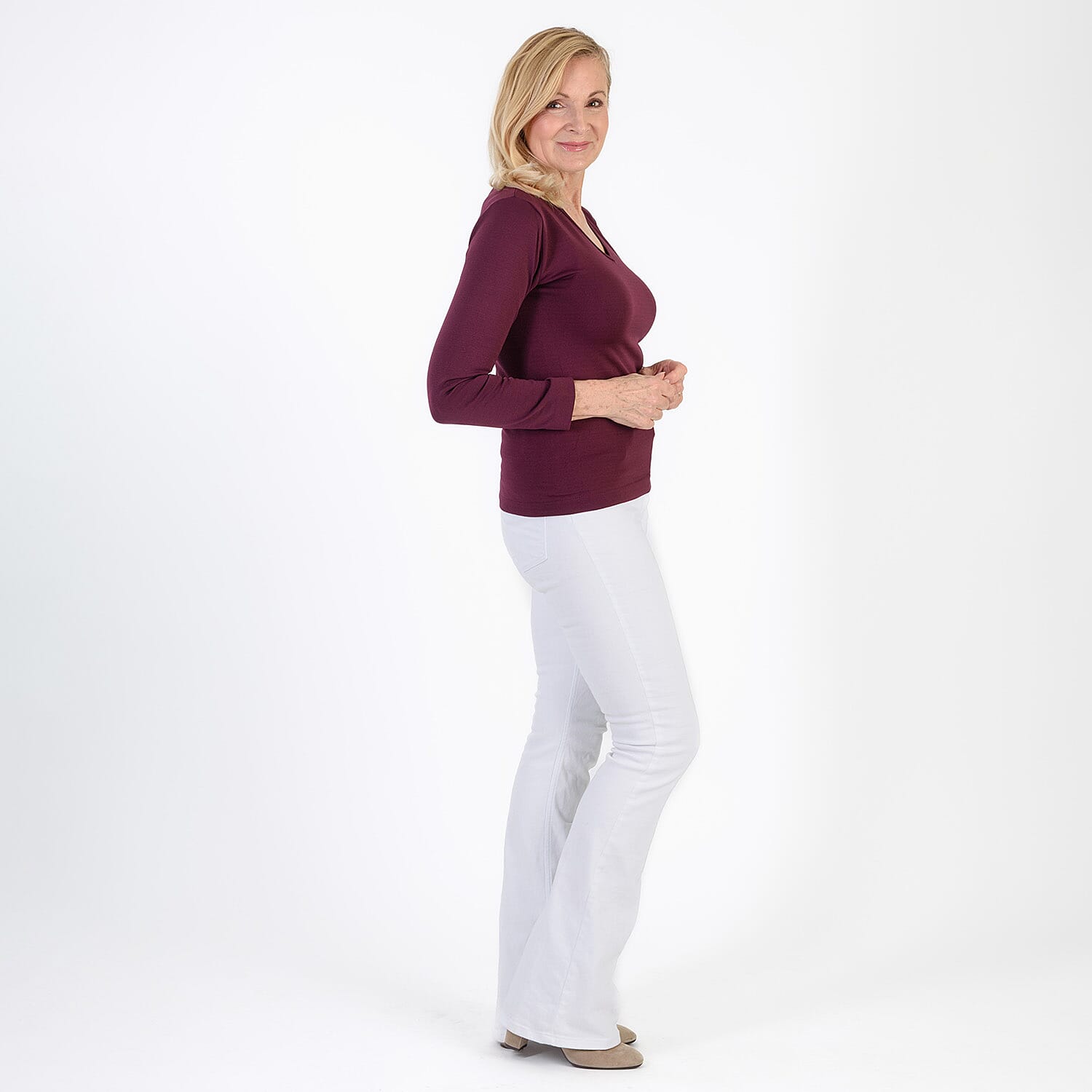 Pure & Natural V-Neck Fleece Lined Top (Size XL) - Burgundy