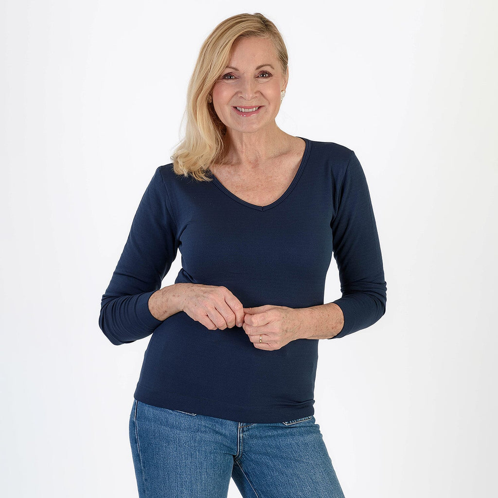 Pure & Natural V-Neck Fleece Lined Top (Size XL) - Navy