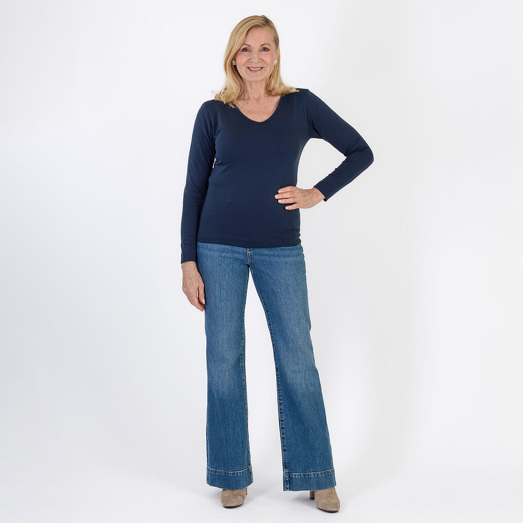 Pure & Natural V-Neck Fleece Lined Top (Size XL) - Navy