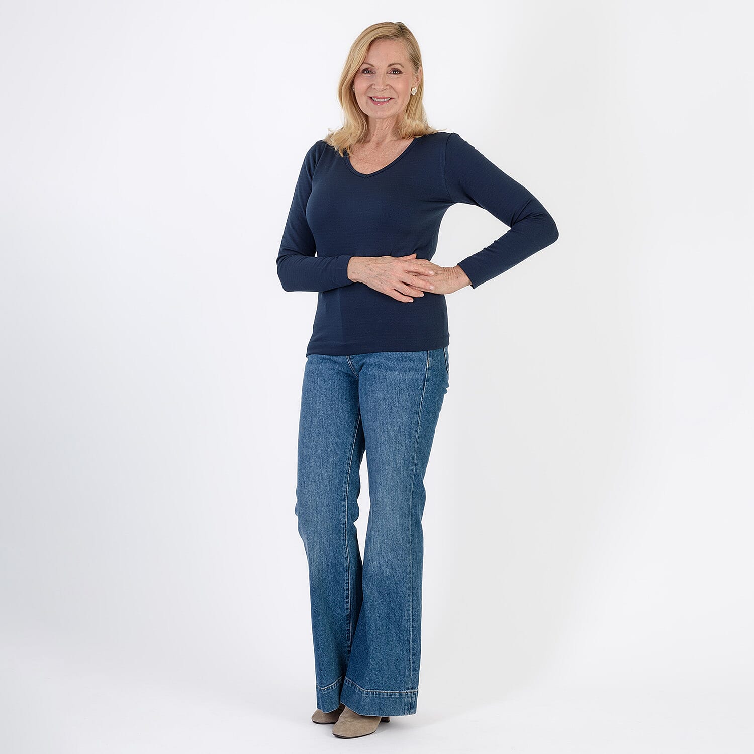 Pure & Natural V-Neck Fleece Lined Top (Size XL) - Navy