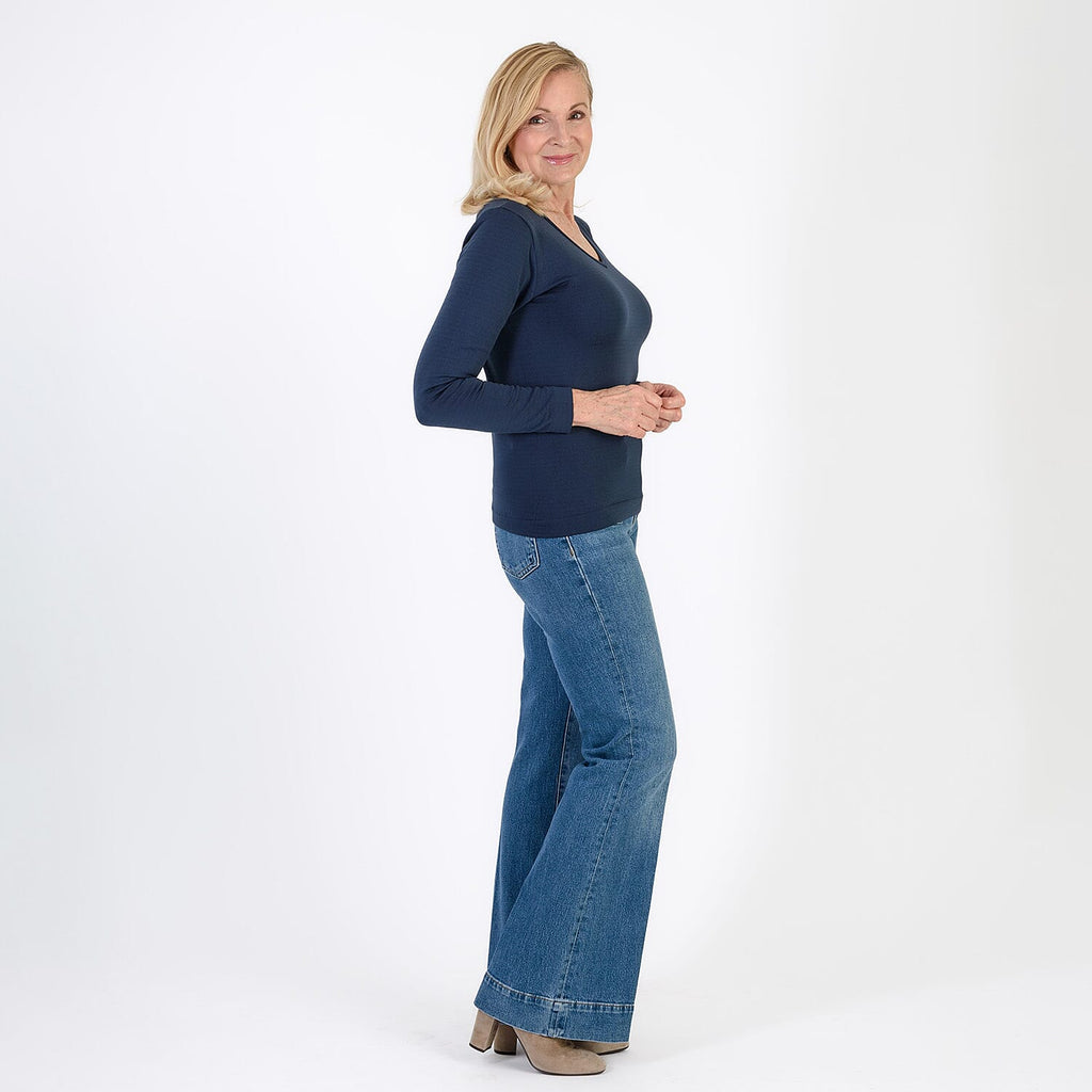 Pure & Natural V-Neck Fleece Lined Top (Size XL) - Navy