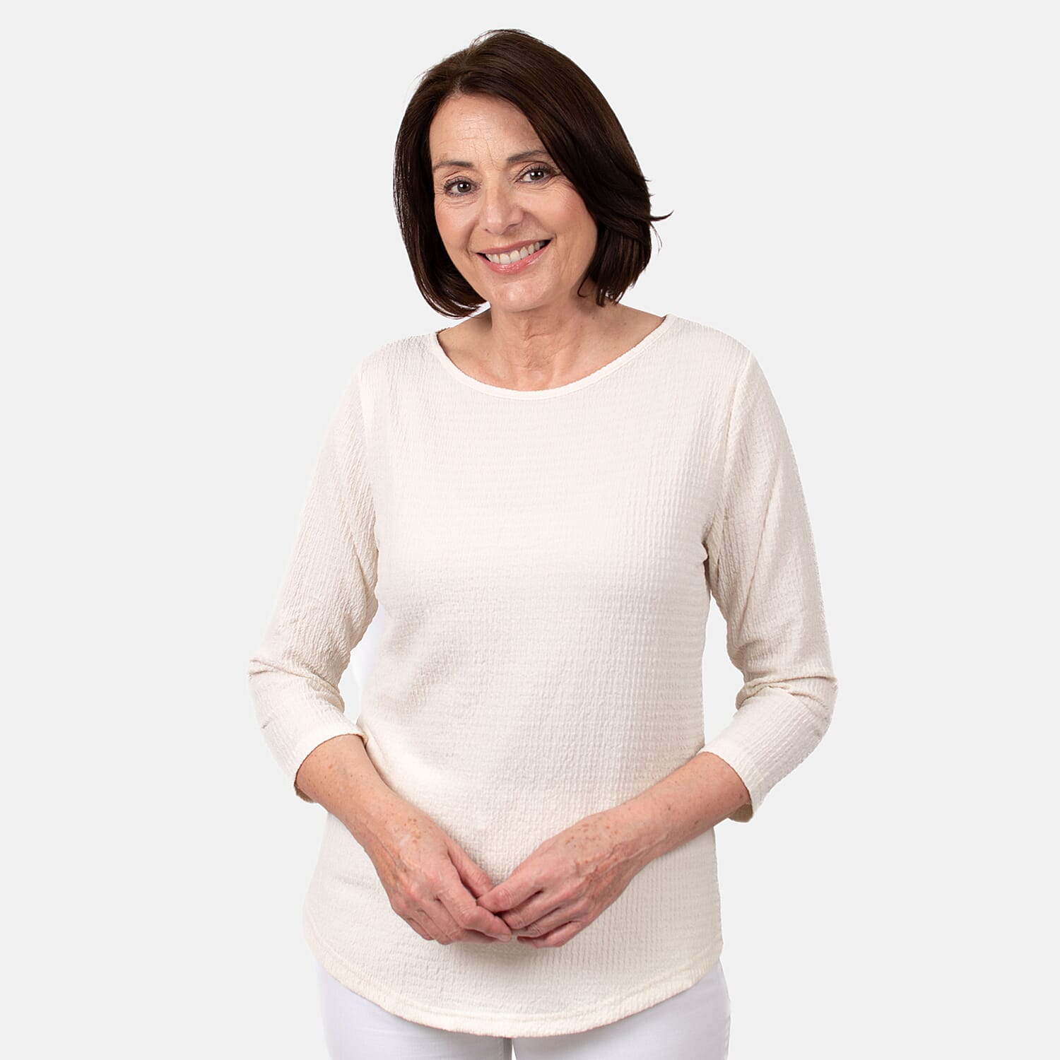 Pure and Natural Woven Round Neck Top (Size S 8-10) - Cream