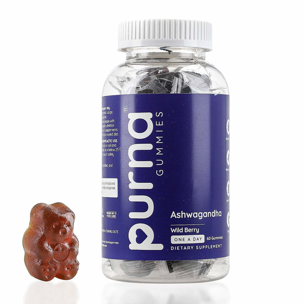 Purna - Ashwagandha Gummies Wild Berry Flavour- Helps to Decrease Stress & Anxiety, Improve Sleep (60 Gummies- 2 Months Supply)