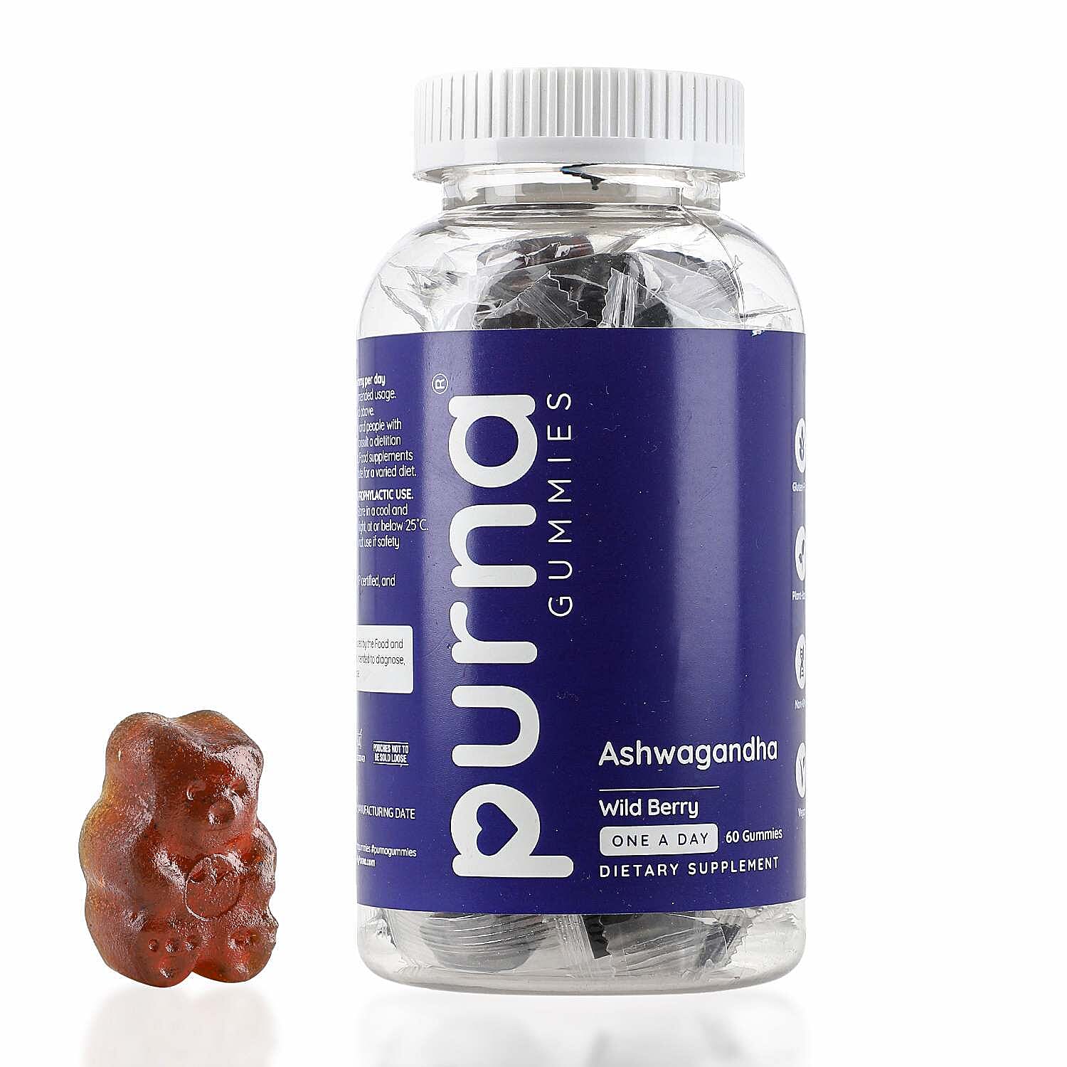 Purna - Ashwagandha Gummies Wild Berry Flavour- Helps to Decrease Stress & Anxiety, Improve Sleep (60 Gummies- 2 Months Supply)