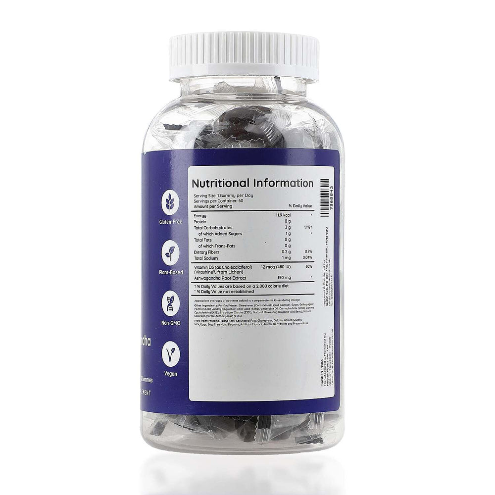 Purna - Ashwagandha Gummies Wild Berry Flavour- Helps to Decrease Stress & Anxiety, Improve Sleep (60 Gummies- 2 Months Supply)