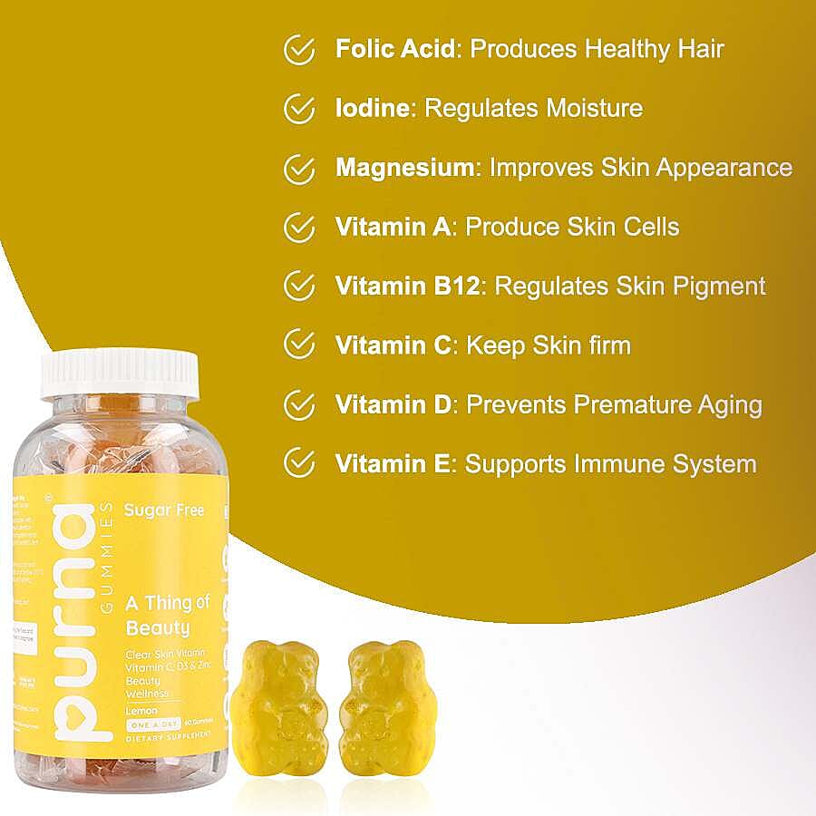 Purna - Lemon Flavoured Vitamin C Gummies - Helps in Natural Regeneration of Skin, Immunity Support (60 Gummies- 2 Months Supply).Best Before 30th Sep 2025
