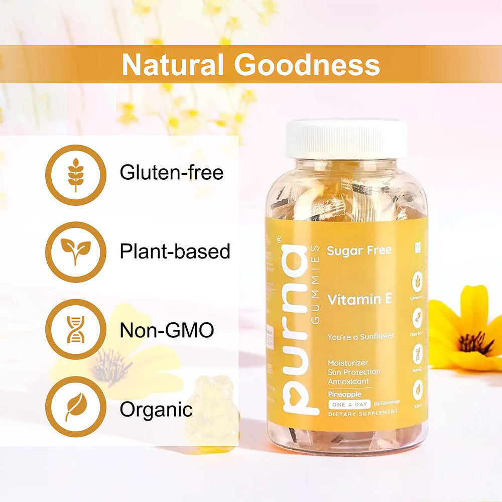 PURNA Sugar Free Pineapple Vitamin E - 60 Gummies (2 Month Supply).Best Before 30th Sep 2025