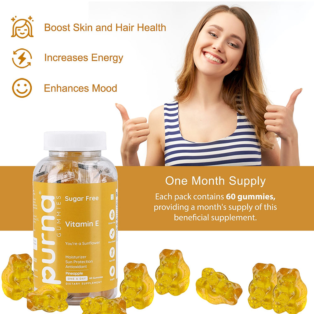 PURNA Sugar Free Pineapple Vitamin E - 60 Gummies (2 Month Supply).Best Before 30th Sep 2025