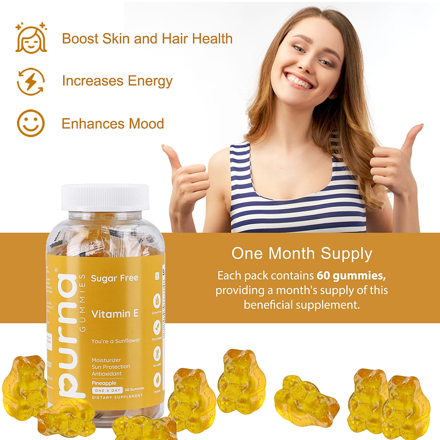 PURNA Sugar Free Pineapple Vitamin E - 60 Gummies (2 Month Supply).Best Before 30th Sep 2025