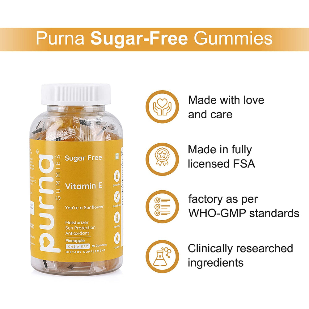 PURNA Sugar Free Pineapple Vitamin E - 60 Gummies (2 Month Supply).Best Before 30th Sep 2025