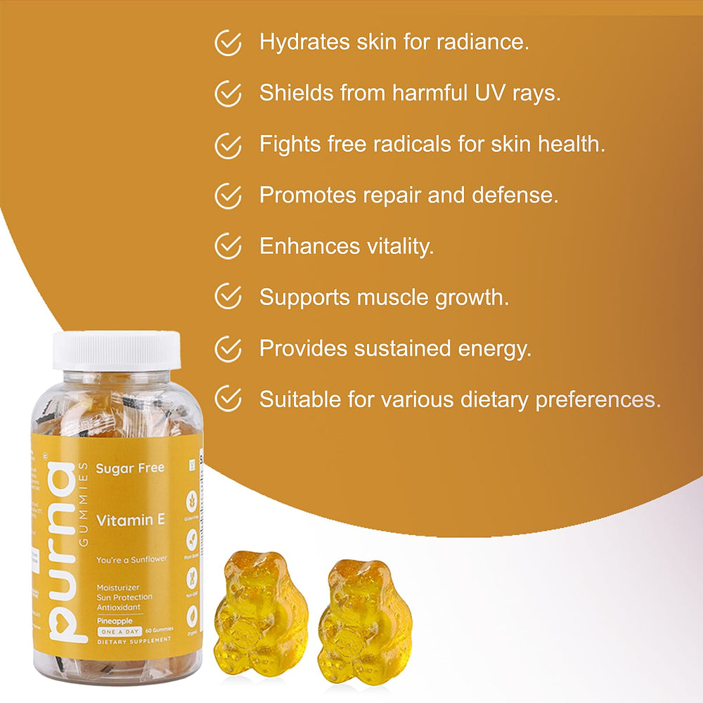 PURNA Sugar Free Pineapple Vitamin E - 60 Gummies (2 Month Supply).Best Before 30th Sep 2025