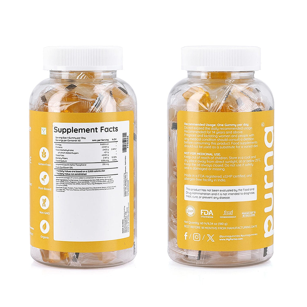 PURNA Sugar Free Pineapple Vitamin E - 60 Gummies (2 Month Supply).Best Before 30th Sep 2025