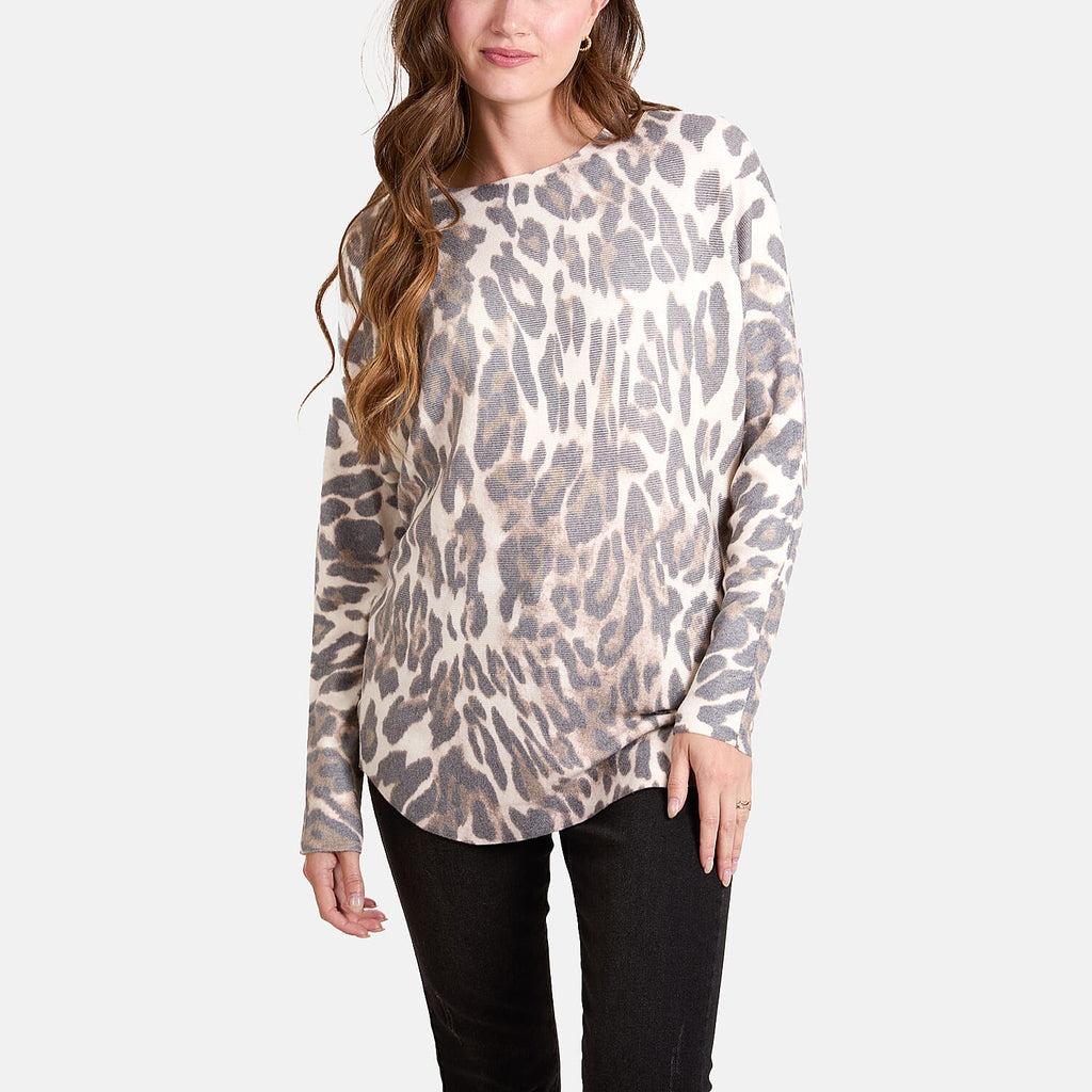 QED London Super soft Leopard Print Jumper (Size Medium and Large) - Stone