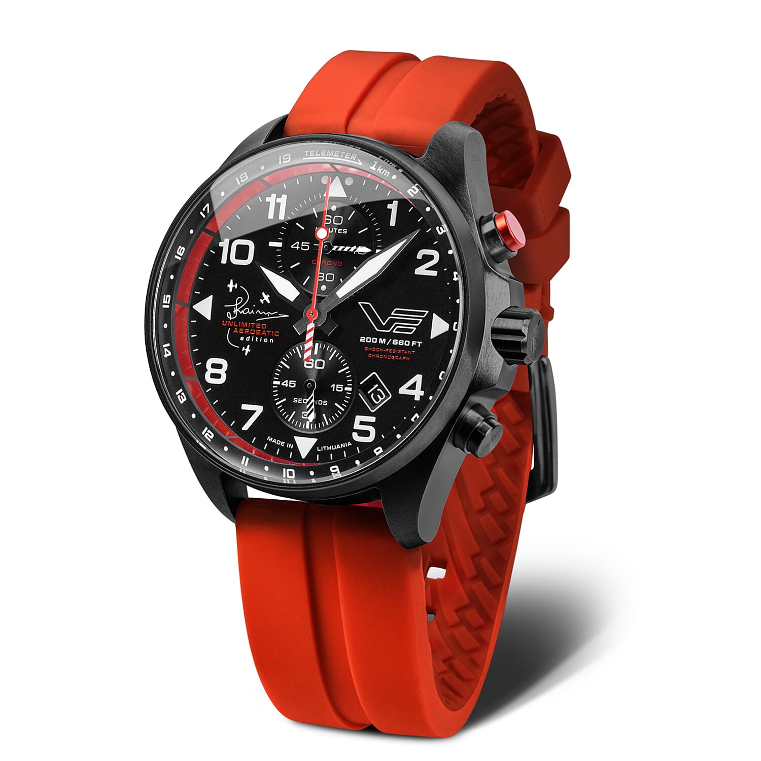 VOSTOK EUROPE Jurgis Karey Quartz Movt. 20ATM Black PVD Finish Mens Watch with Red Silicone Strap