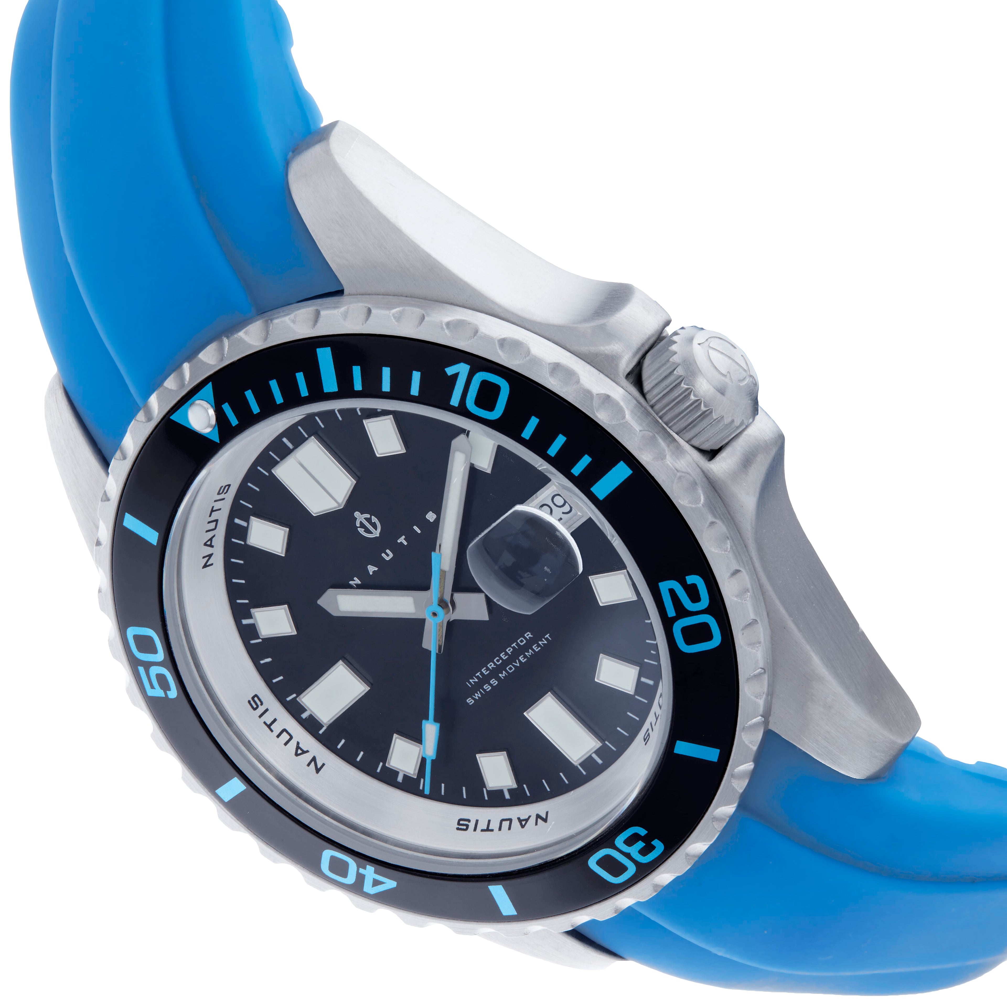 Nautis Interceptor Swiss RondaMovt. Black Dial 50 ATM Water Resistance Watch With Blue Interchangeable Rubber Strap