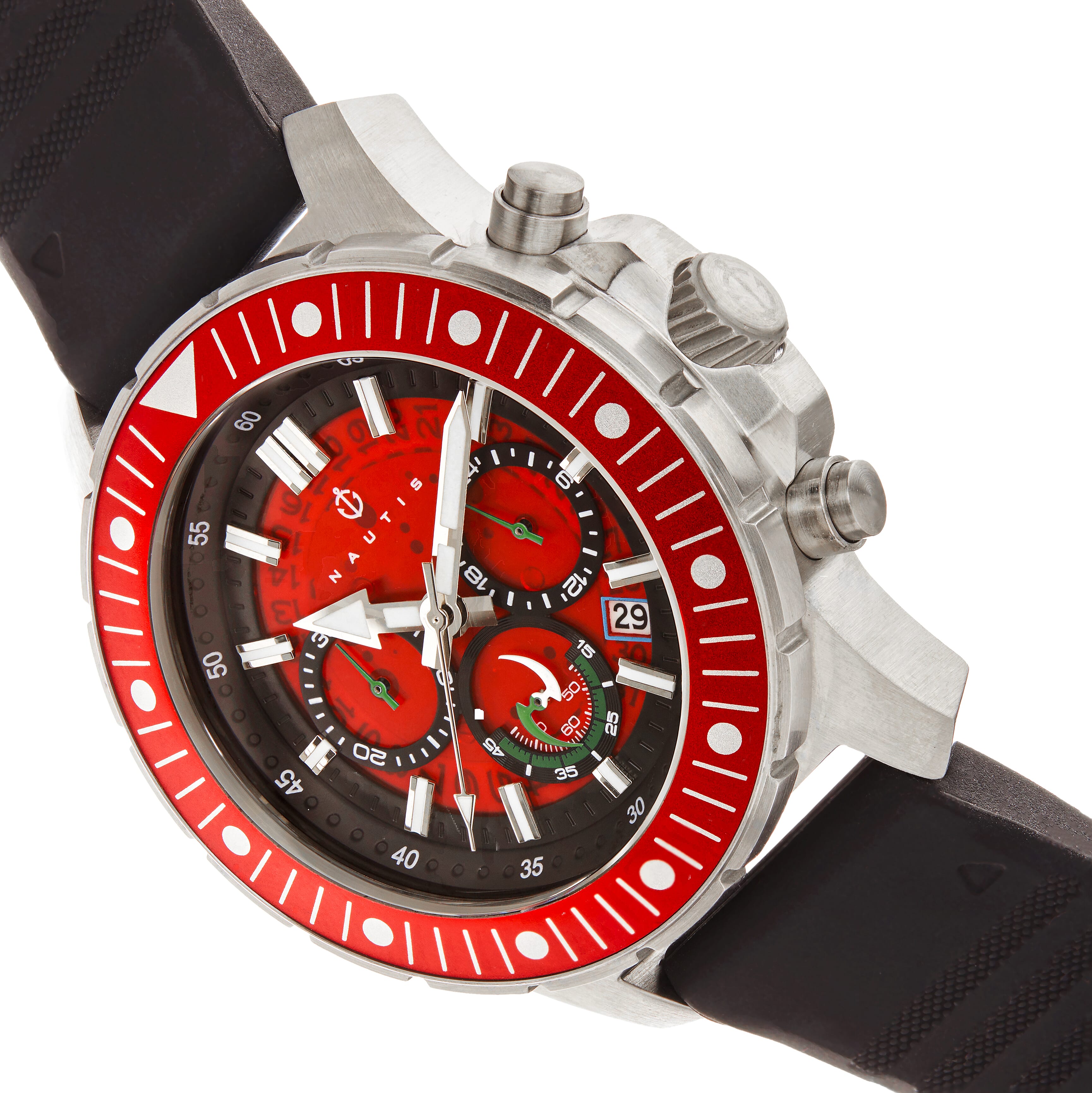 Nautis Caspian  Quartz Movement Red Dial With Date 50 ATM Water Resistance Watch With Black Rubber Strap