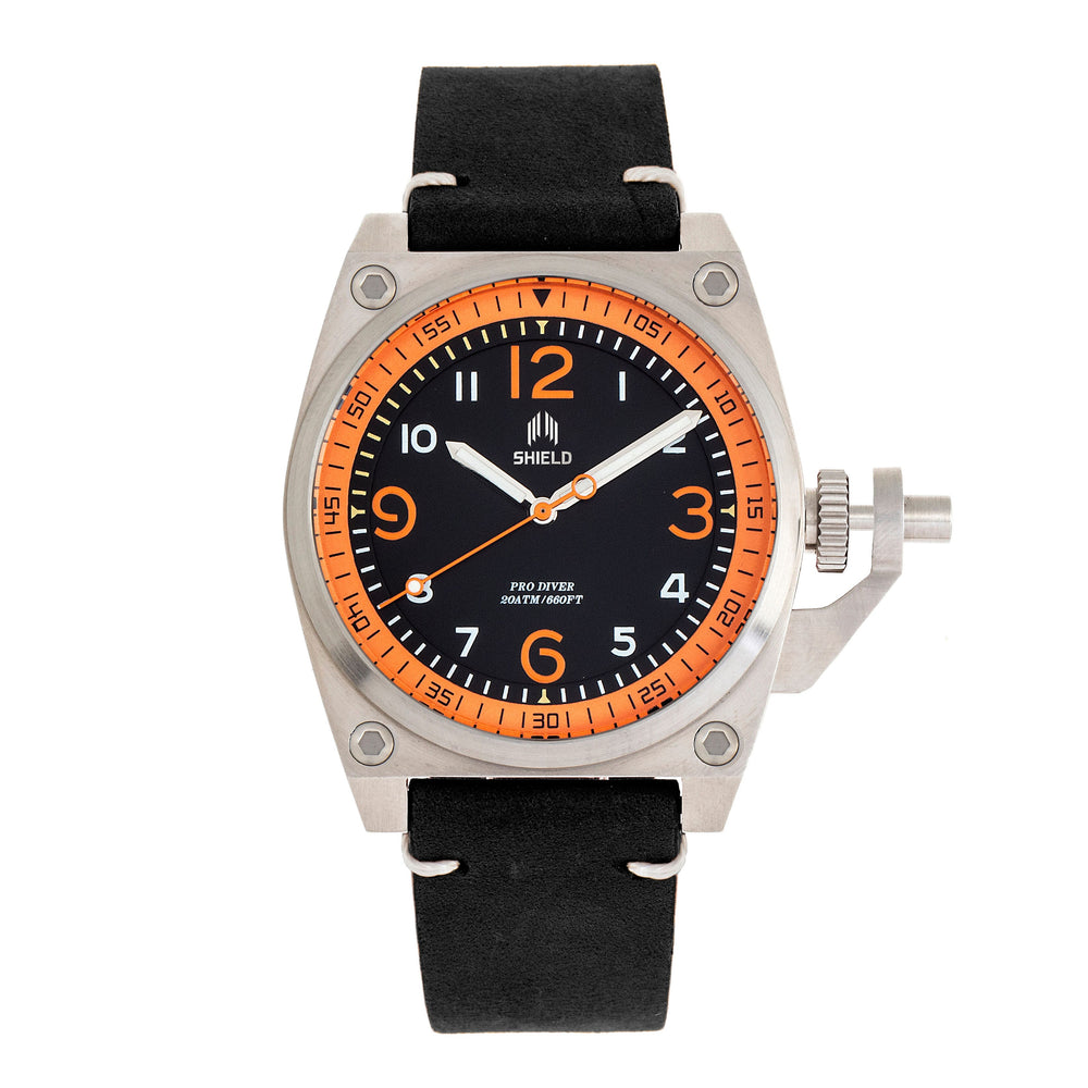 Shield Pascal Miyota 2035 Quartz Movement Screw-Down Orange Crown Black Dial With Date 20 ATM Water Resistance Watch With Black Genuine Leather Strap