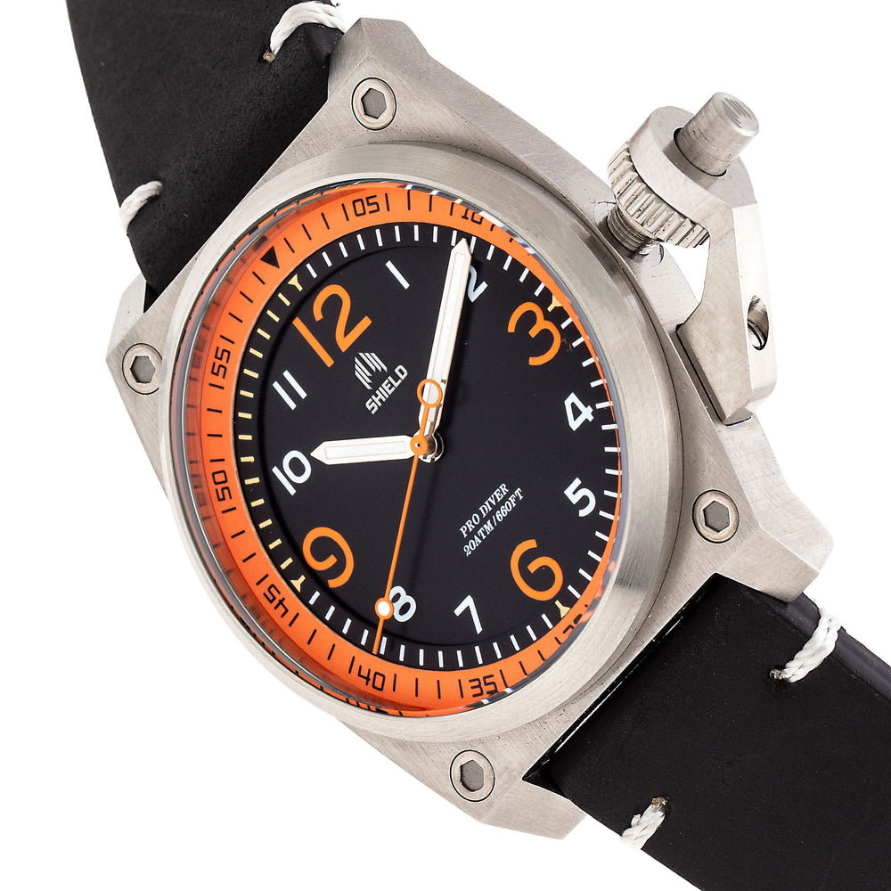 Shield Pascal Miyota 2035 Quartz Movement Screw-Down Orange Crown Black Dial With Date 20 ATM Water Resistance Watch With Black Genuine Leather Strap