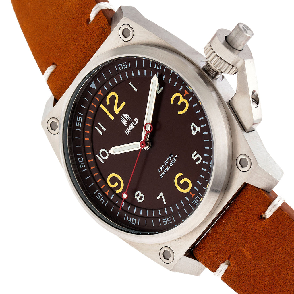 Shield Pascal Miyota 2035 Quartz Movement Screw-Down Crown Camel Dial With Date 20 ATM Water Resistance Watch With Brown Genuine Leather Strap