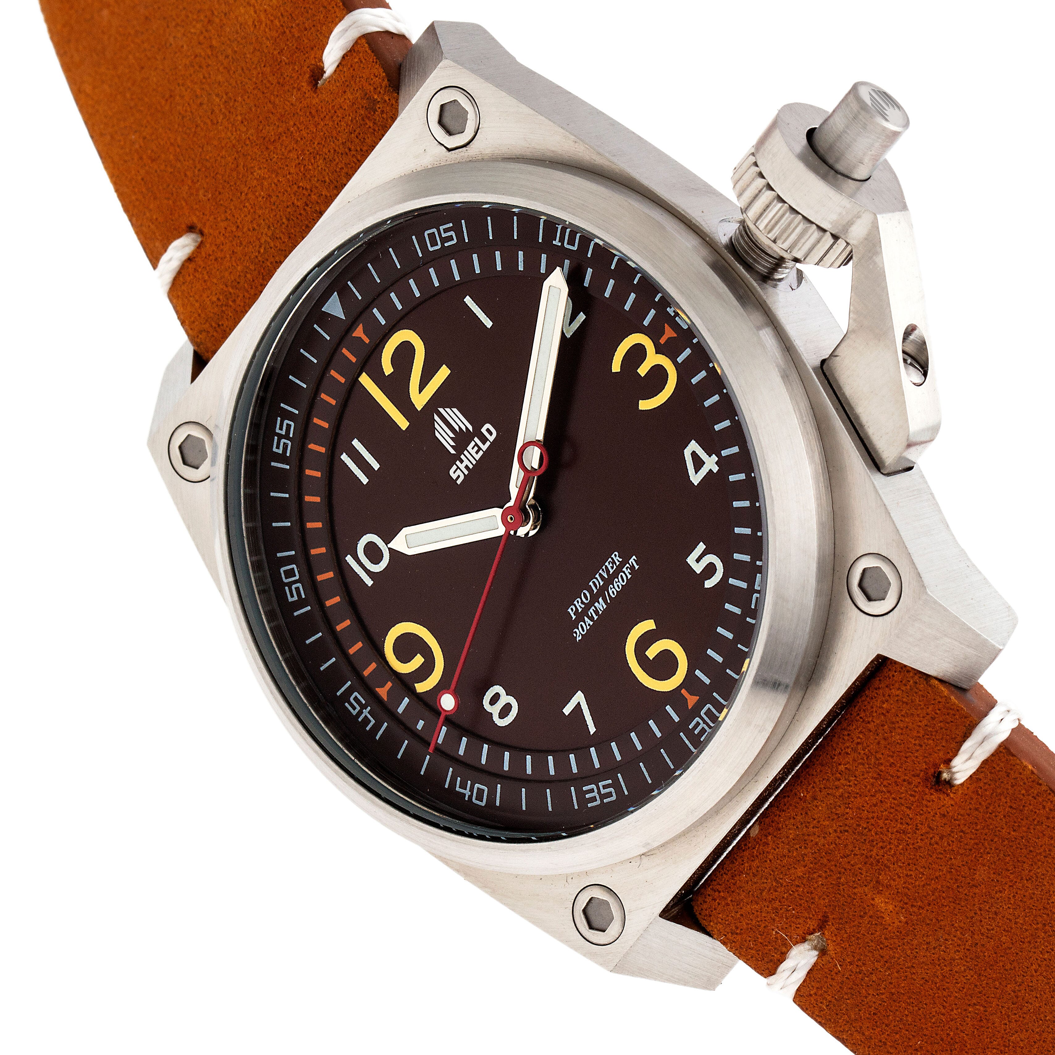 Shield Pascal Miyota 2035 Quartz Movement Screw-Down Crown Camel Dial With Date 20 ATM Water Resistance Watch With Brown Genuine Leather Strap