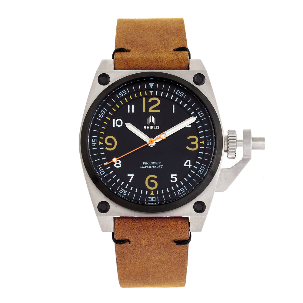 Shield Pascal Miyota 2035 Quartz Movement Screw-Down Orange Crown Black Dial With Date 20 ATM Water Resistance Watch With Light Brown Genuine Leather Strap