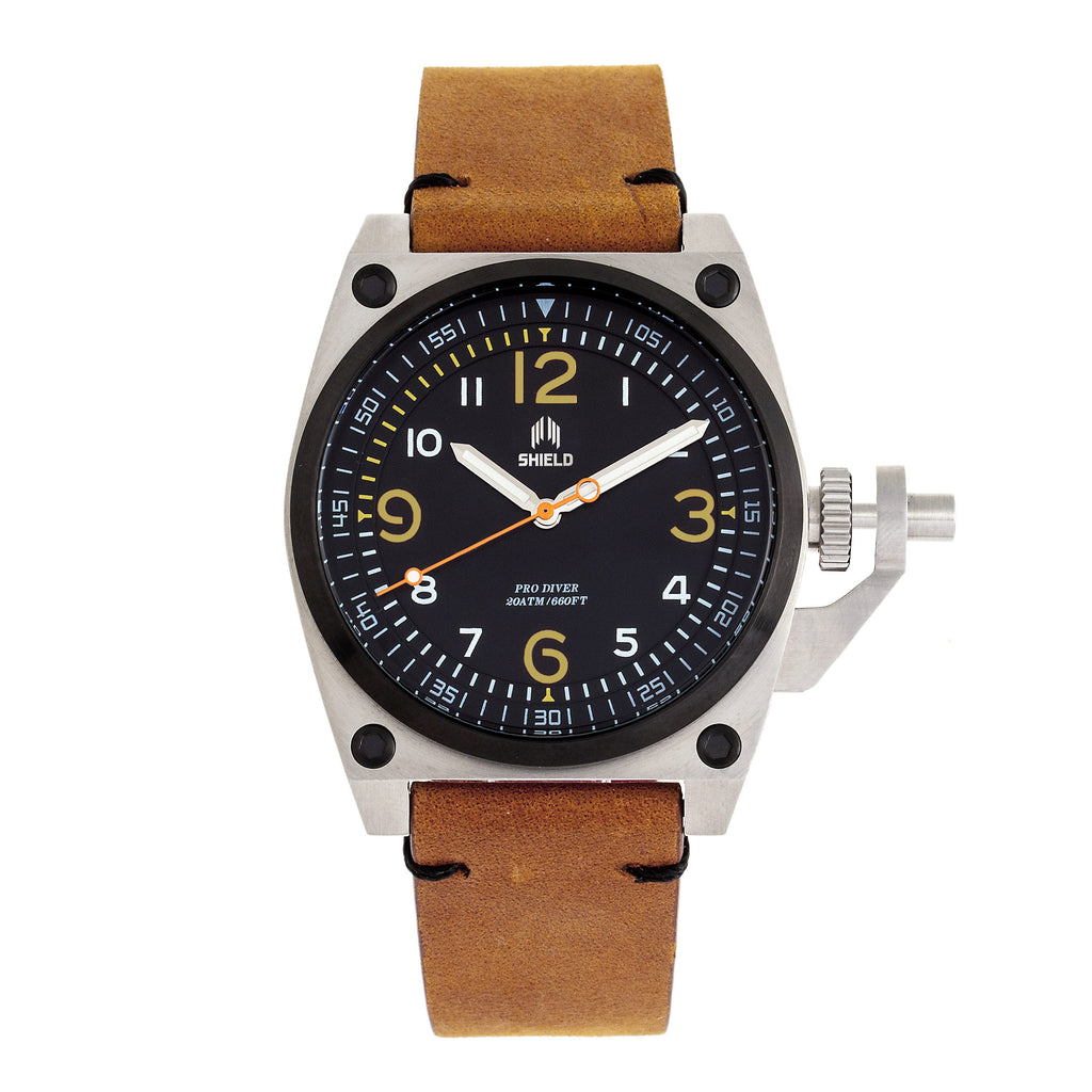 Shield Pascal Miyota 2035 Quartz Movement Screw-Down Orange Crown Black Dial With Date 20 ATM Water Resistance Watch With Light Brown Genuine Leather Strap