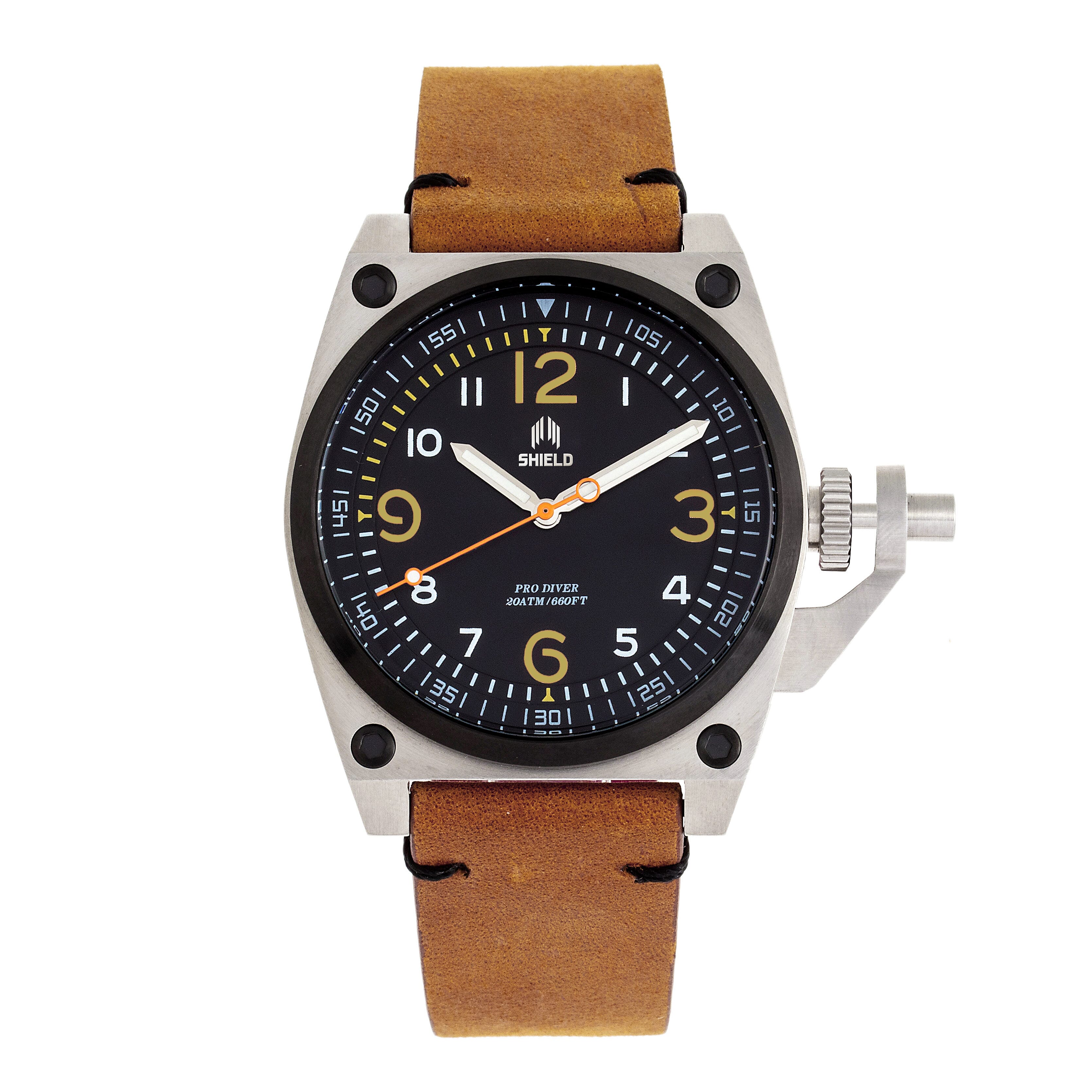 Shield Pascal Miyota 2035 Quartz Movement Screw-Down Orange Crown Black Dial With Date 20 ATM Water Resistance Watch With Light Brown Genuine Leather Strap