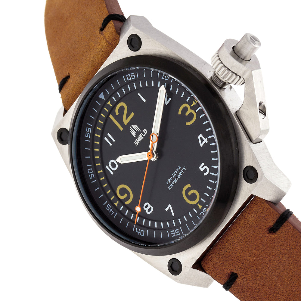 Shield Pascal Miyota 2035 Quartz Movement Screw-Down Orange Crown Black Dial With Date 20 ATM Water Resistance Watch With Light Brown Genuine Leather Strap