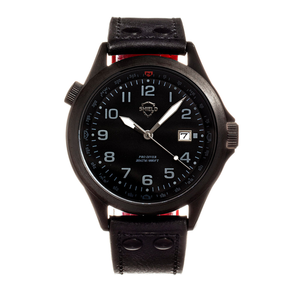Shield Palau Miyota 2315 Quartz Movement Screw-Down Gold Crown Black Dial With Date 20 ATM Water Resistance Watch With Black Genuine Leather Strap