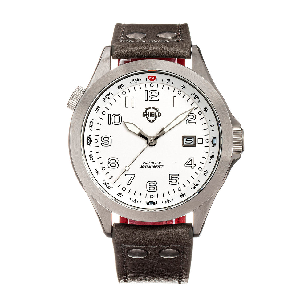 Shield Palau Miyota 2315 Quartz Movement Screw-Down Crown Silver Dial With Date 20 ATM Water Resistance Watch With Brown Genuine Leather Strap