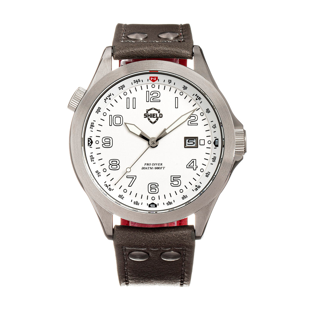 Shield Palau Miyota 2315 Quartz Movement Screw-Down Crown Silver Dial With Date 20 ATM Water Resistance Watch With Brown Genuine Leather Strap