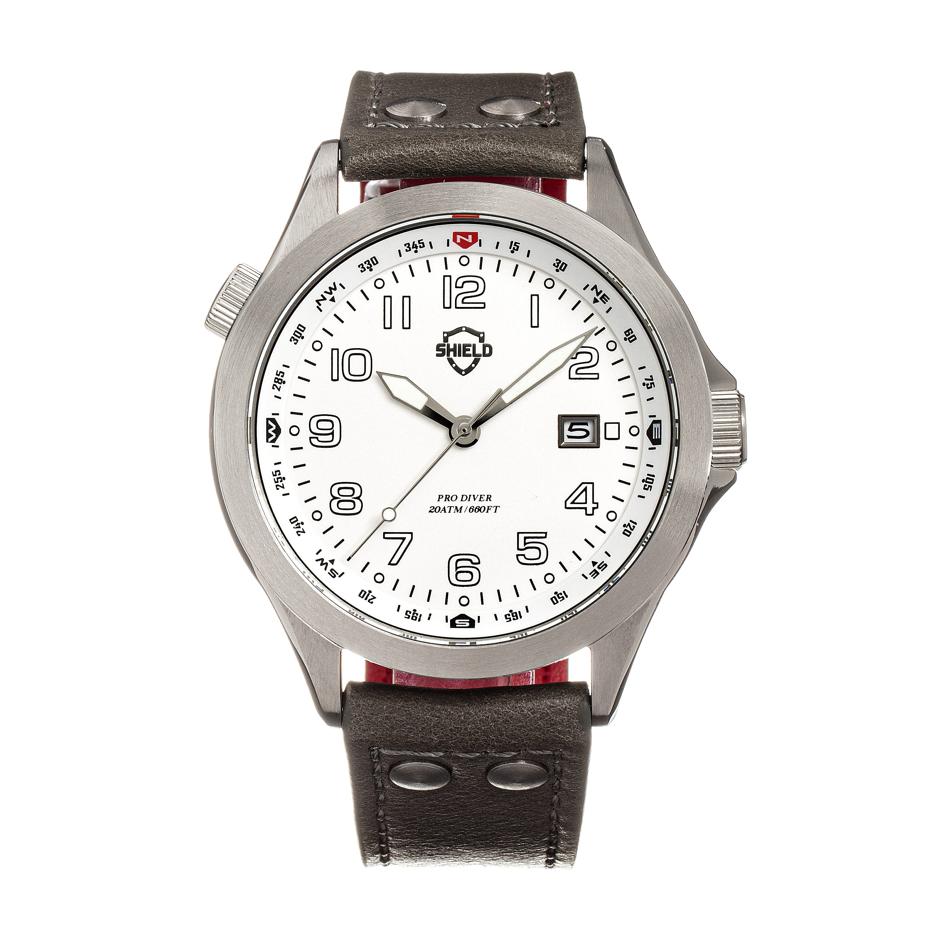 Shield Palau Miyota 2315 Quartz Movement Screw-Down Crown Silver Dial With Date 20 ATM Water Resistance Watch With Brown Genuine Leather Strap