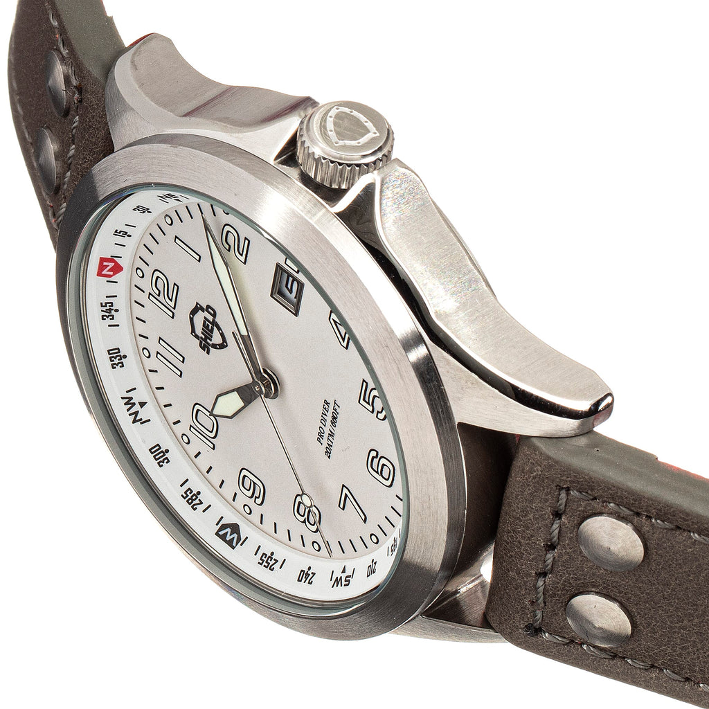 Shield Palau Miyota 2315 Quartz Movement Screw-Down Crown Silver Dial With Date 20 ATM Water Resistance Watch With Brown Genuine Leather Strap