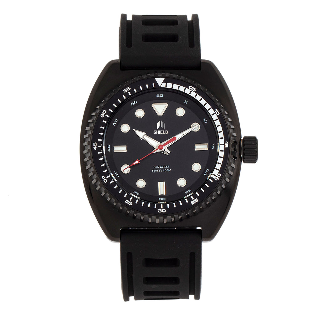 Shield Dreyer Miyota 2036 Quartz Movement Uni-Directional Bezel Screw-Down Black Crown Black Dial With Date 20 ATM Water Resistance Divers Watch With Black Rubber Strap