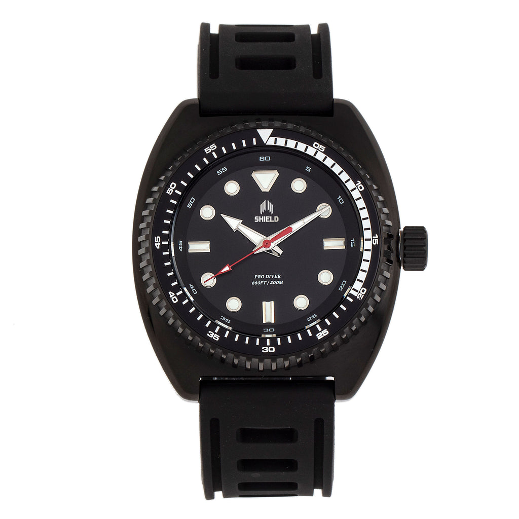 Shield Dreyer Miyota 2036 Quartz Movement Uni-Directional Bezel Screw-Down Black Crown Black Dial With Date 20 ATM Water Resistance Divers Watch With Black Rubber Strap