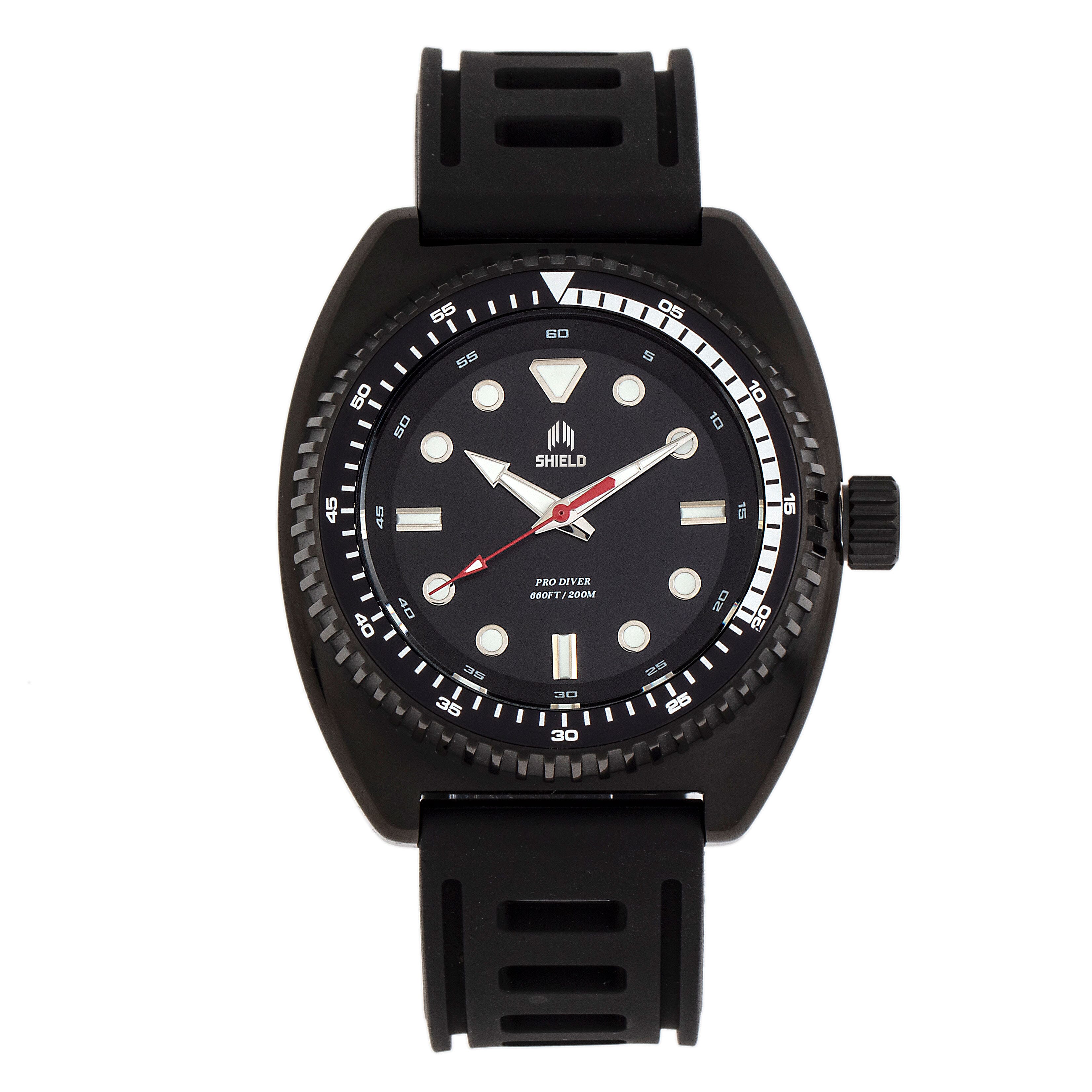 Shield Dreyer Miyota 2036 Quartz Movement Uni-Directional Bezel Screw-Down Black Crown Black Dial With Date 20 ATM Water Resistance Divers Watch With Black Rubber Strap