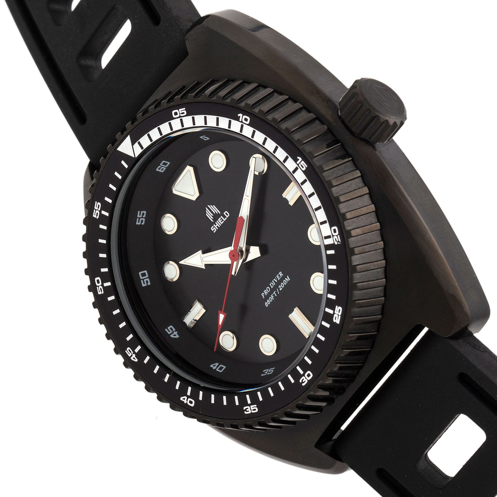 Shield Dreyer Miyota 2036 Quartz Movement Uni-Directional Bezel Screw-Down Black Crown Black Dial With Date 20 ATM Water Resistance Divers Watch With Black Rubber Strap