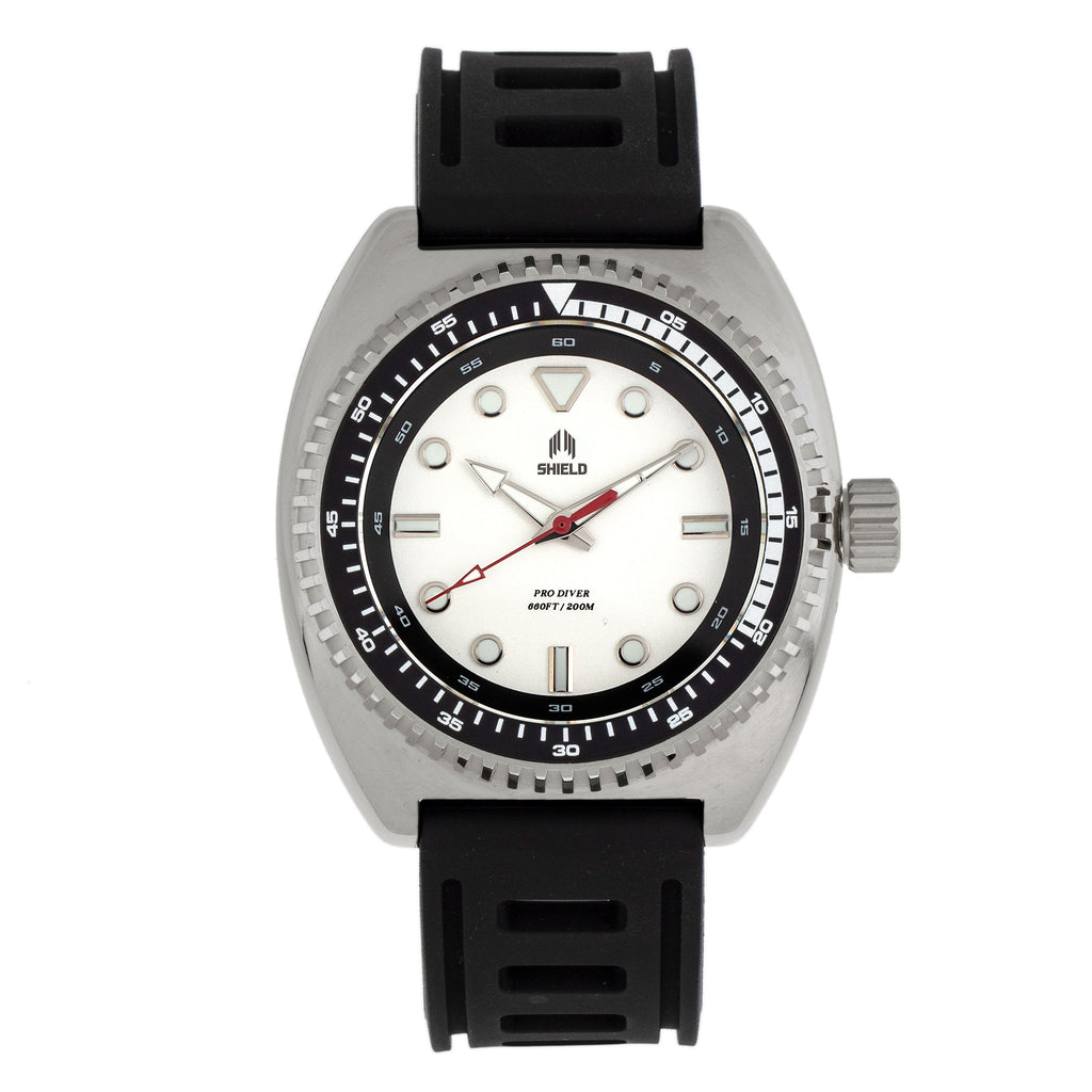 Shield Dreyer Miyota 2036 Quartz Movement Uni-Directional Bezel Screw-Down Silver Crown White Dial With Date 20 ATM Water Resistance Divers Watch With Black Rubber Strap