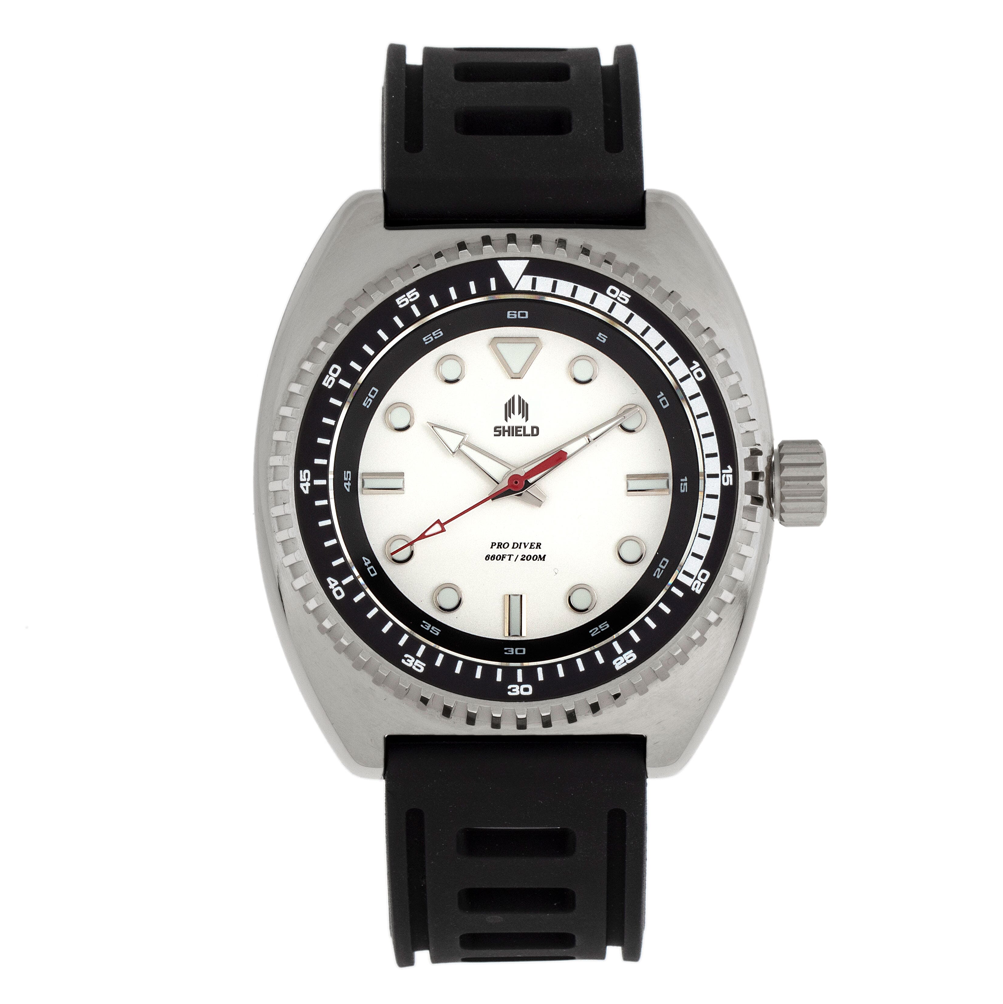Shield Dreyer Miyota 2036 Quartz Movement Uni-Directional Bezel Screw-Down Silver Crown White Dial With Date 20 ATM Water Resistance Divers Watch With Black Rubber Strap