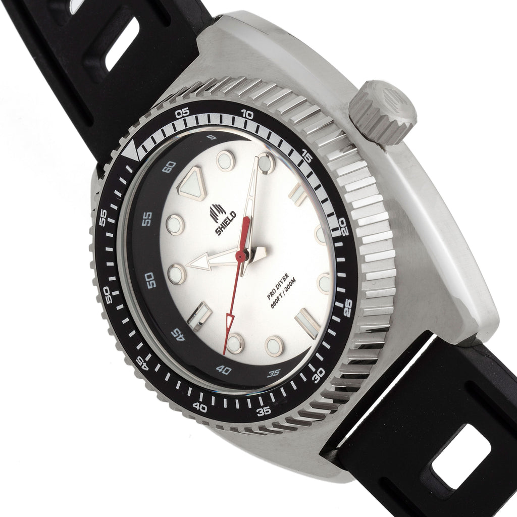 Shield Dreyer Miyota 2036 Quartz Movement Uni-Directional Bezel Screw-Down Silver Crown White Dial With Date 20 ATM Water Resistance Divers Watch With Black Rubber Strap