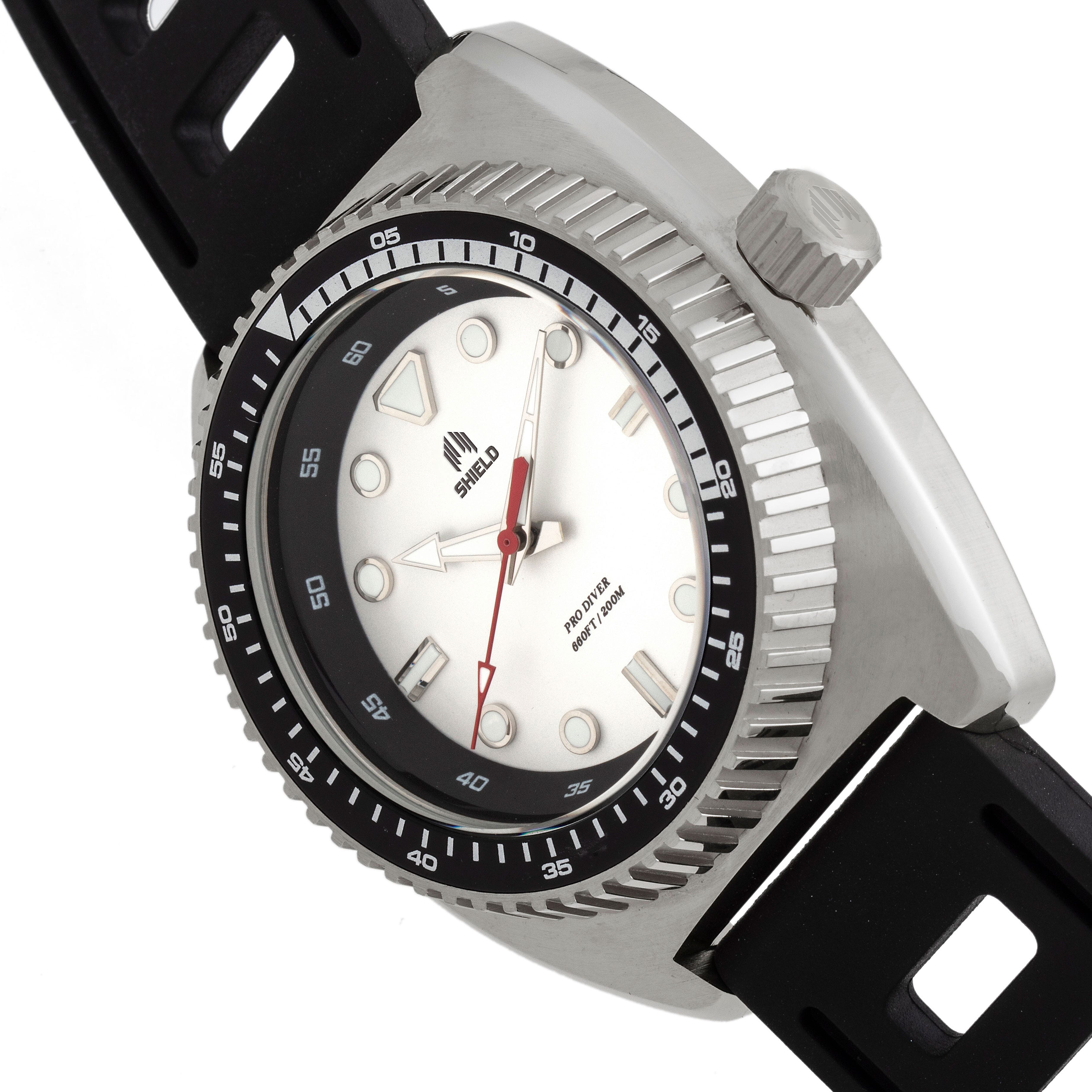 Shield Dreyer Miyota 2036 Quartz Movement Uni-Directional Bezel Screw-Down Silver Crown White Dial With Date 20 ATM Water Resistance Divers Watch With Black Rubber Strap