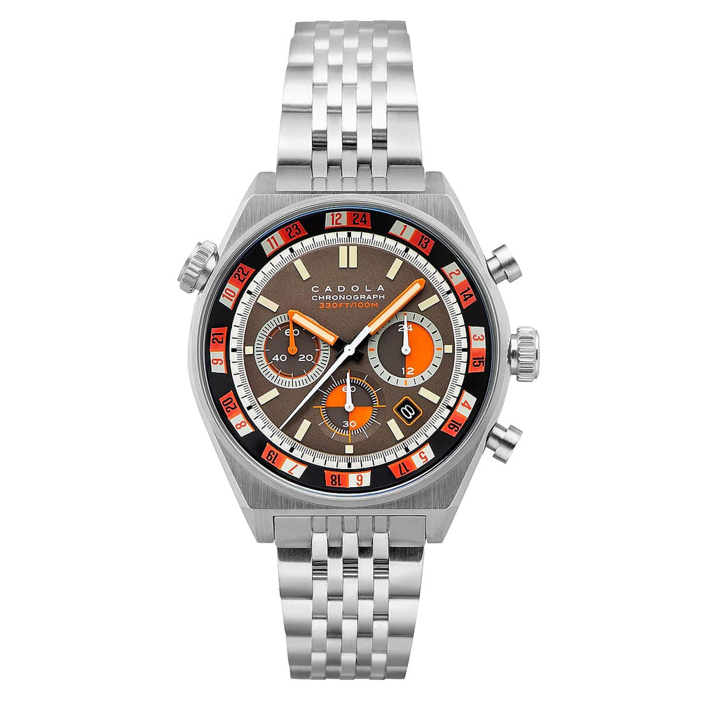 Cadola Mens 43mm Intercontinental Chronograph Orange Dual Color Dial 10 ATM Water Resistant With Stainless Steel Strap