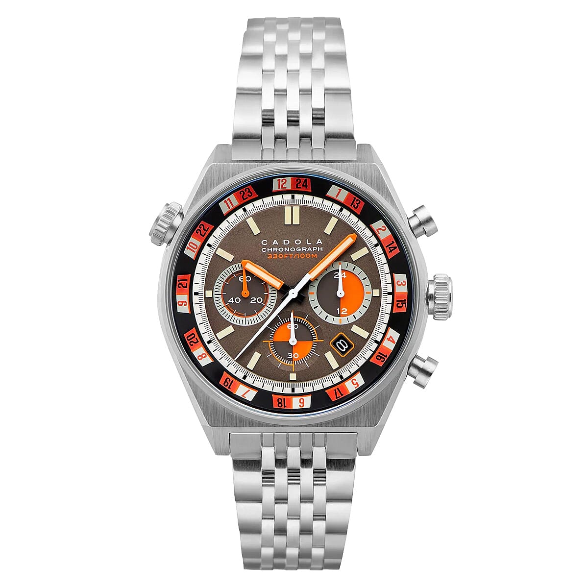 Cadola Mens 43mm Intercontinental Chronograph Orange Dual Color Dial 10 ATM Water Resistant With Stainless Steel Strap