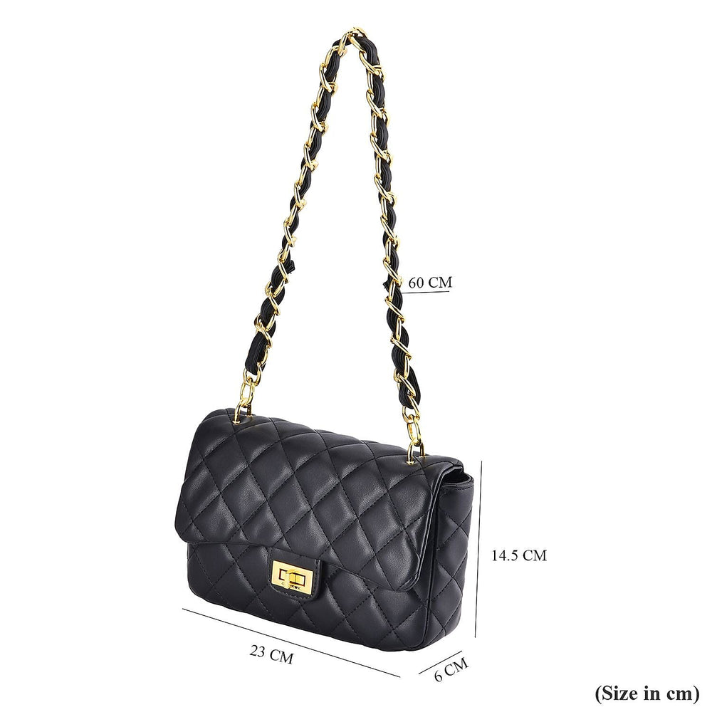Designer Inspired Quilted Pattern Crossbody Bag with Shoulder Chain Strap - Black