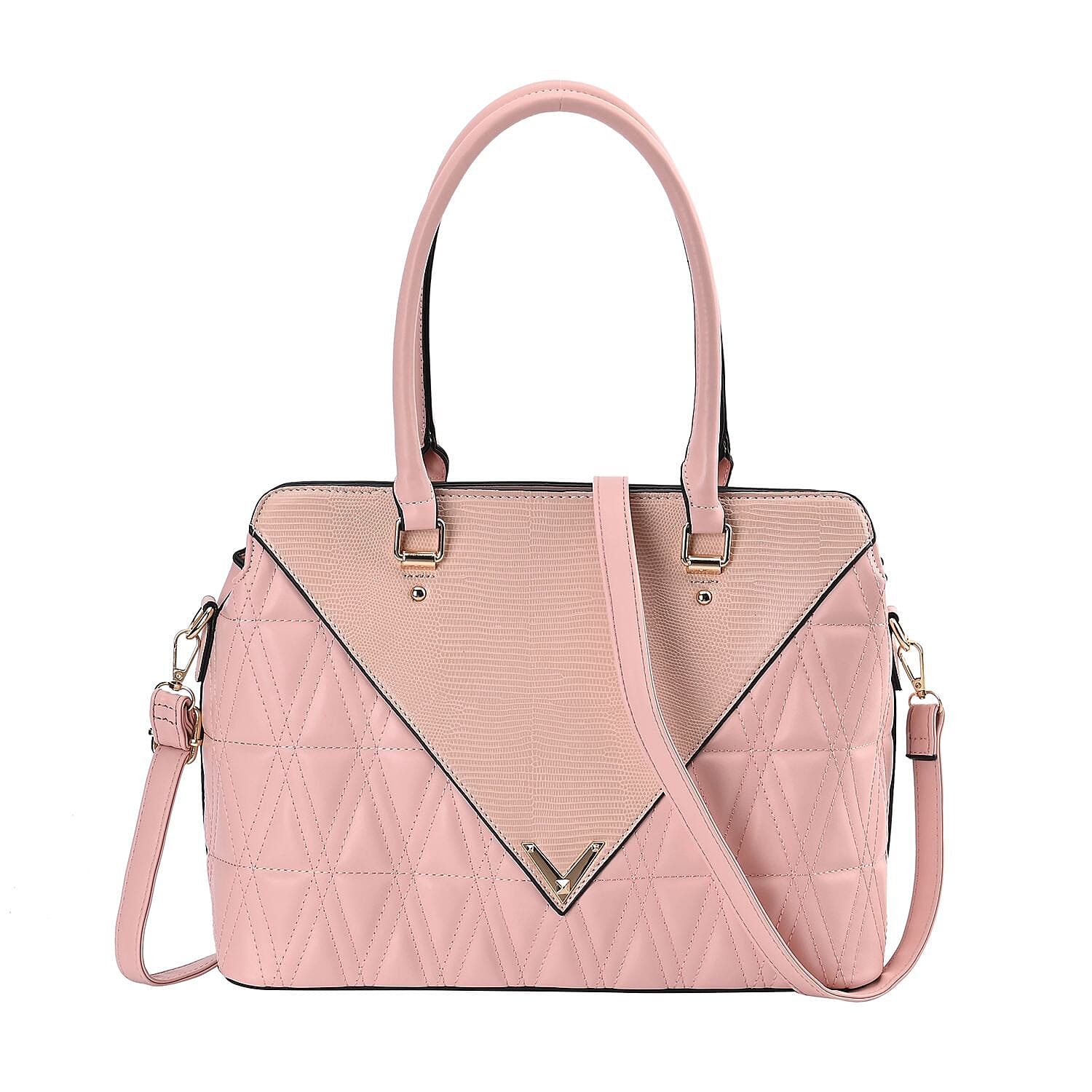 Quilted Triangle Pattern Leatherette Crossbody Bag With Detachable Shoulder Strap - Handle Drop - Pink