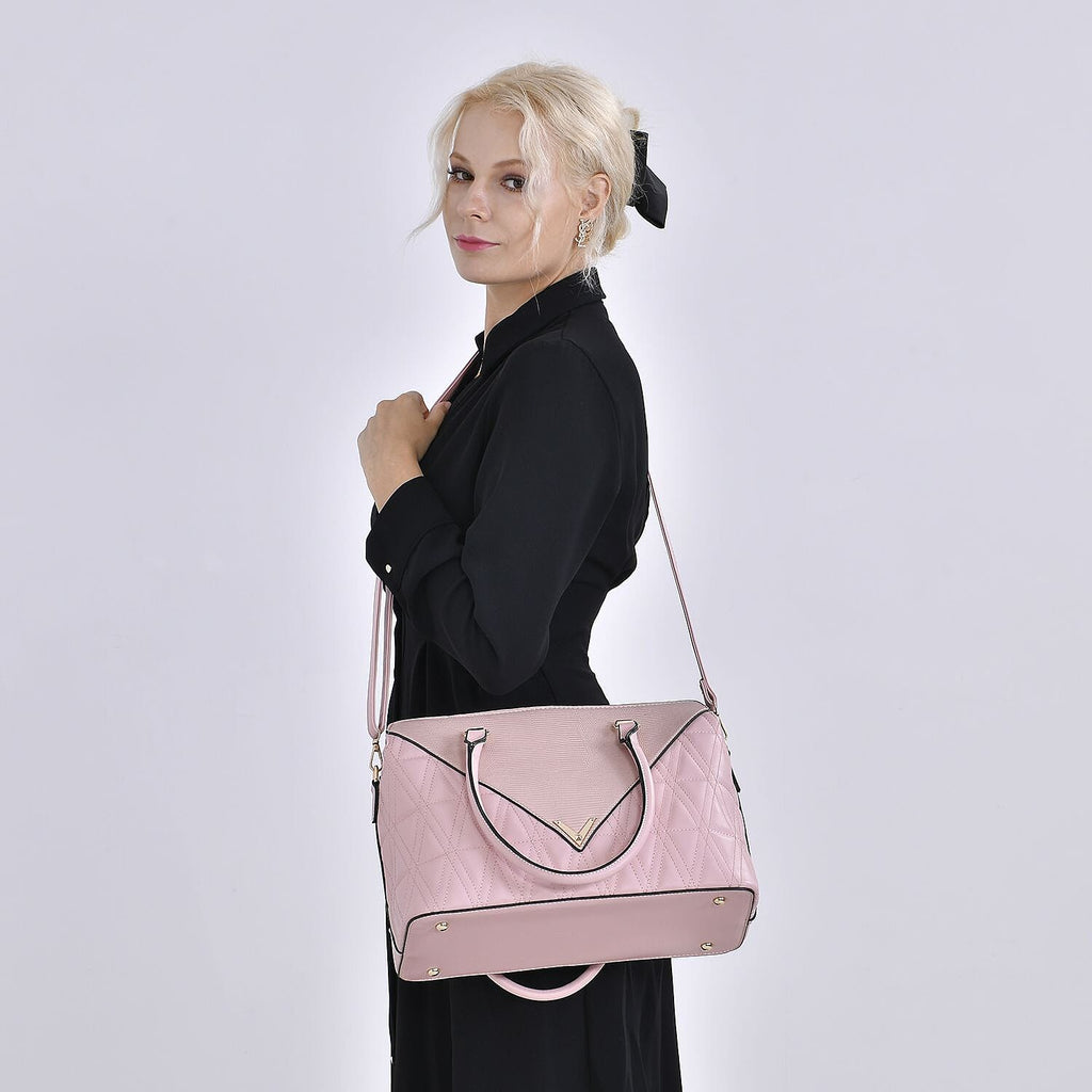Quilted Triangle Pattern Leatherette Crossbody Bag With Detachable Shoulder Strap - Handle Drop - Pink
